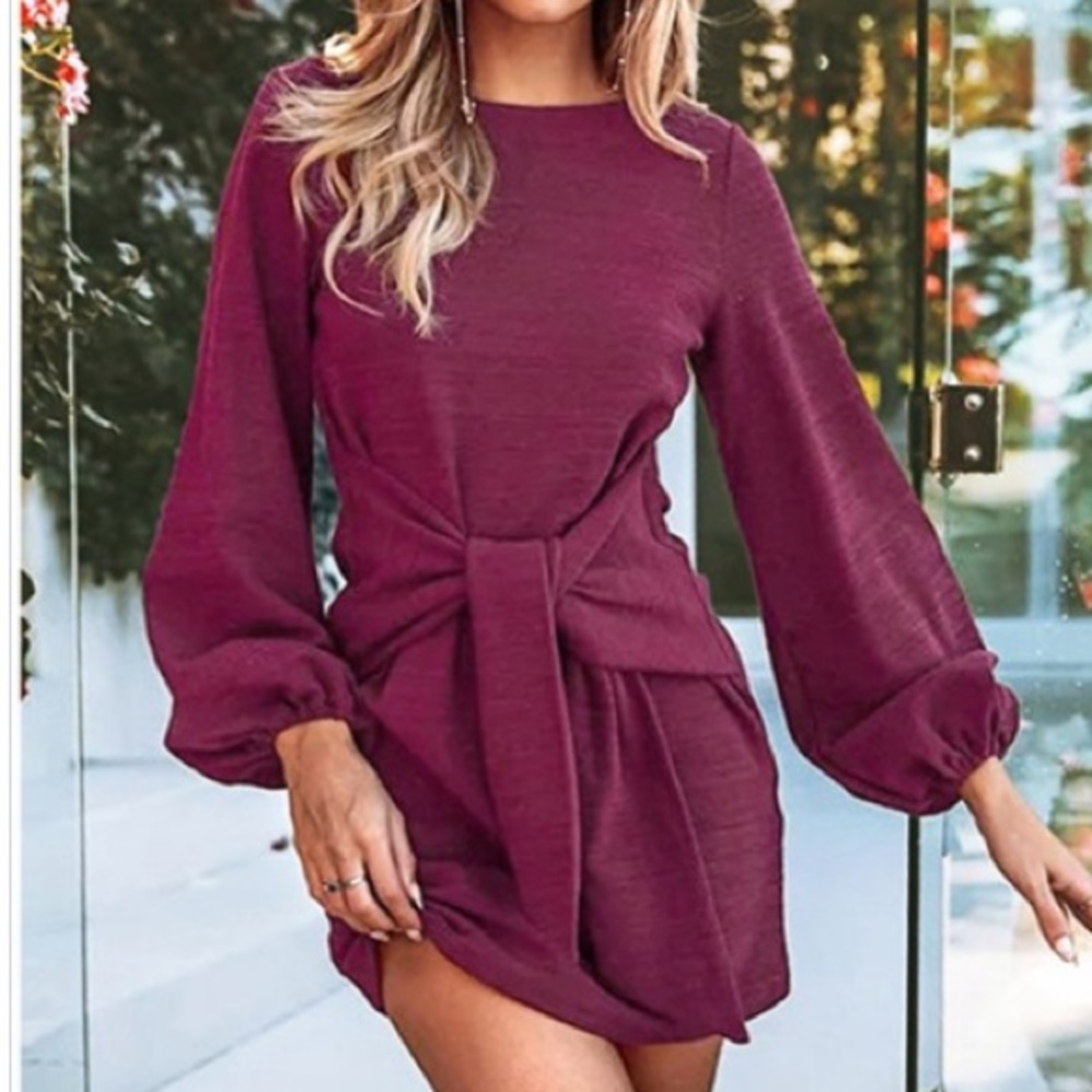 Wine Red Puff Long Sleeve Mini Dress